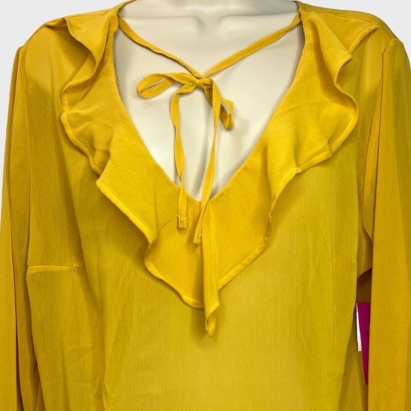 JustFab Yellow Ruffle Blouse M Tie Neck Long‎ Sleeve Boho Feminine Lightweight - Picture 9 of 11